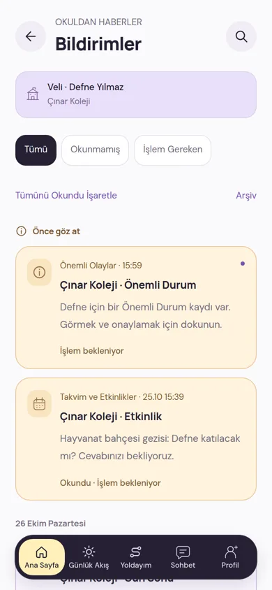 Bildirimler ekranı: işlem bekleyen bir Önemli Durum kaydı ve yanıt bekleyen bir etkinlik daveti listenin üstünde