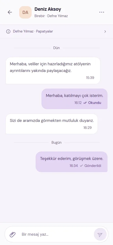 Birebir sohbet: veli ile okul personeli arasındaki yazışma, okundu ve gönderildi bilgisiyle