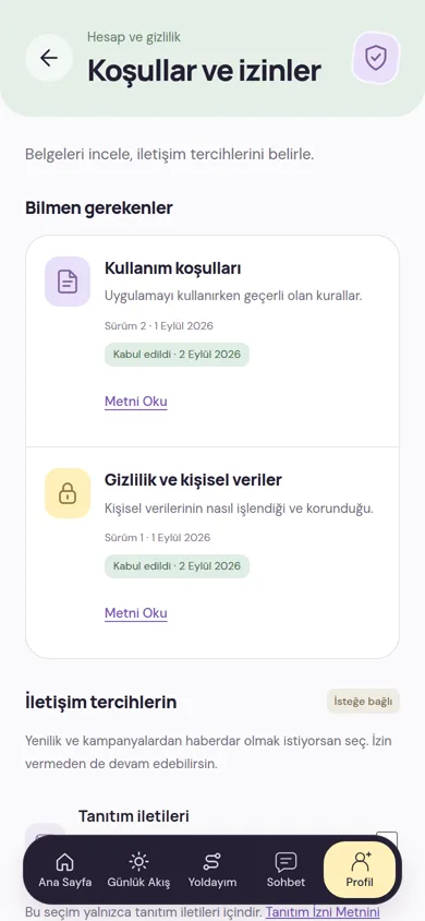 Velinin Koşullar ve İzinler ekranı: kabul ettiği kullanım koşulları ile gizlilik metninin sürümleri ve kabul tarihleri, altta isteğe bağlı iletişim tercihleri