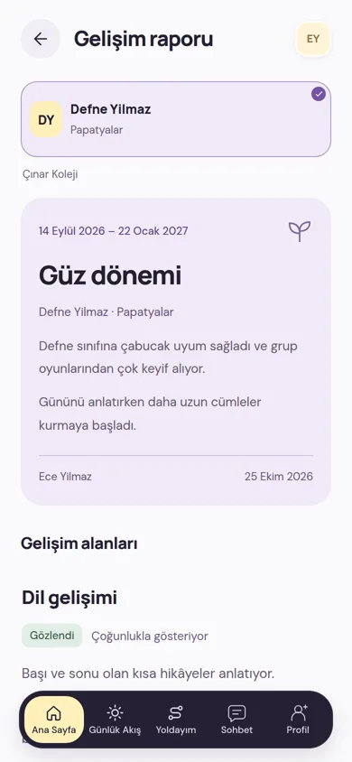 Gelişim raporu: güz dönemi için öğretmenin dönem özeti ve dil gelişimi alanındaki gözlemi