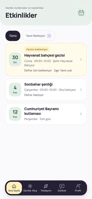 Etkinlikler ekranı: gezi, şenlik ve bayram kutlaması; her çocuk için katılım ve izin durumuyla