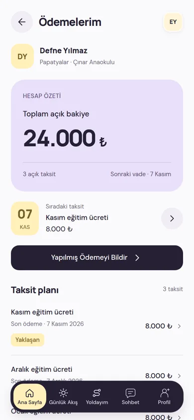 Ödemelerim ekranı: toplam açık bakiye, sıradaki taksit, taksit planı ve Yapılmış Ödemeyi Bildir düğmesi