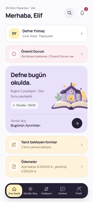 Veli ana ekranı: çocuğun okulda olduğu, günün paylaşımları, bekleyen form ve ödemeler