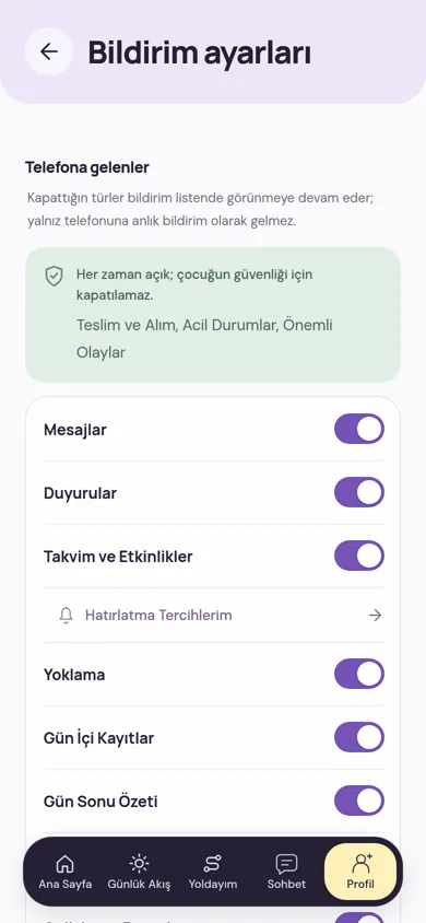 Bildirim ayarları: teslim, acil durum ve önemli olay bildirimleri hep açık; mesaj, duyuru, takvim ve yoklama bildirimleri tek tek açılıp kapanıyor