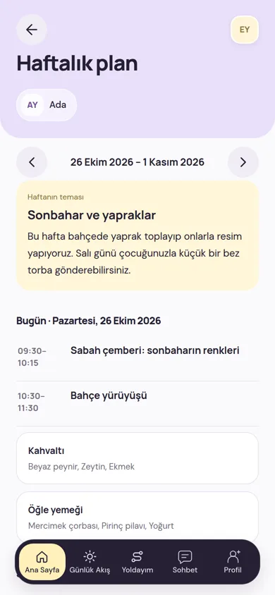 Velinin Haftalık plan ekranı: haftanın teması, bugünün etkinlik saatleri, kahvaltı ve öğle yemeği menüsü