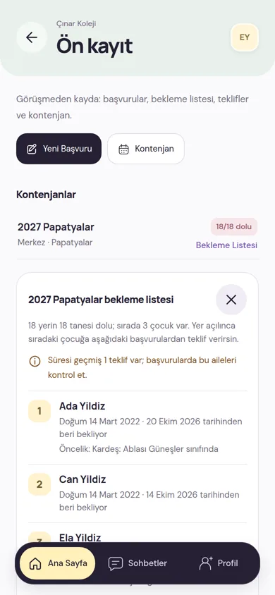 Ön kayıt ekranı: dolu bir sınıf kontenjanı ve bekleme listesindeki çocuklar sırası ve kardeş önceliği notuyla