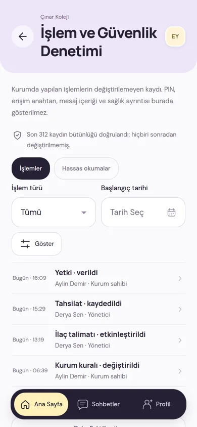 İşlem ve Güvenlik Denetimi ekranı: kayıtların bütünlüğünün doğrulandığı not ve kimin hangi işlemi ne zaman yaptığını gösteren liste