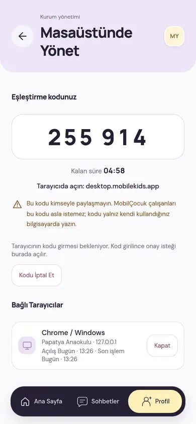 Telefondaki Masaüstünde Yönet ekranı: kalan süresiyle birlikte 6 haneli eşleştirme kodu, tarayıcıda açılacak adres, kodun kimseyle paylaşılmaması uyarısı ve henüz boş olan Bağlı Tarayıcılar listesi
