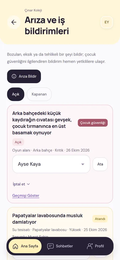 Arıza ve iş bildirimleri ekranı: çocuk güvenliği etiketli kritik bir oyun alanı arızası, sorumlu atama ve açık iş bildirimleri