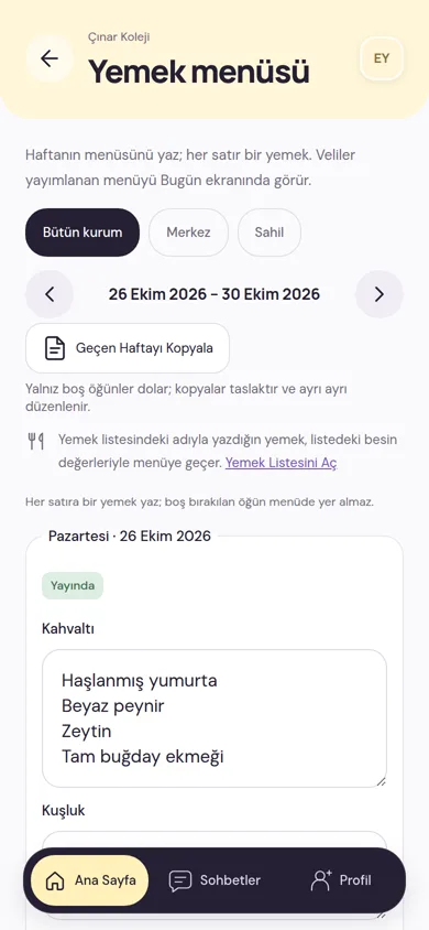 Kurumun Yemek menüsü ekranı: şube ve hafta seçimi, Geçen Haftayı Kopyala düğmesi ve yayında olan pazartesi kahvaltısı
