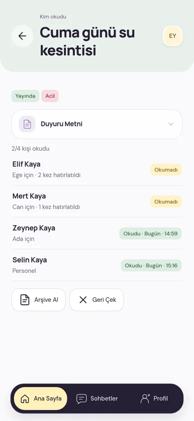 Kim okudu ekranı: acil duyuruyu okuyan ve okumayan kişiler, her birine kaç kez hatırlatma gittiği