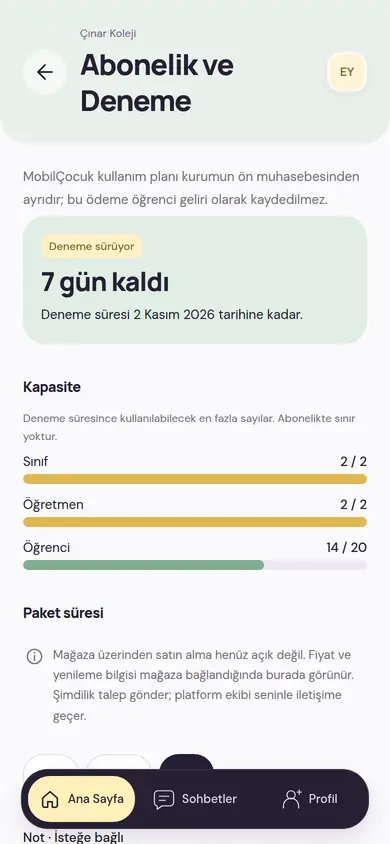 Kurumun Abonelik ve Deneme ekranı: deneme sürüyor etiketi, kalan gün, sınıf, öğretmen ve öğrenci kapasitesinin doluluğu ve paket süresi bölümü