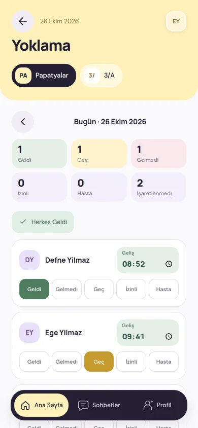 Öğretmenin yoklama ekranı: geldi, geç geldi ve gelmedi sayıları ile çocuk listesi