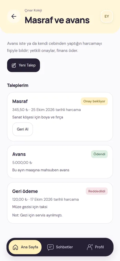 Masraf ve avans: masraf, avans ve geri ödeme talepleri onay bekliyor, ödendi ve reddedildi durumlarıyla