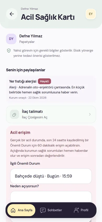 Acil Sağlık Kartı: öğretmenle paylaşılan alerji bilgisi, ilaç talimatına bağlantı ve süreli acil erişim alanı