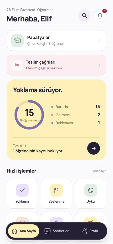 Öğretmenin ana sayfası: bekleyen bir teslim çağrısı, 18 öğrenciden 15'inin burada olduğunu gösteren yoklama halkası ve hızlı işlemler