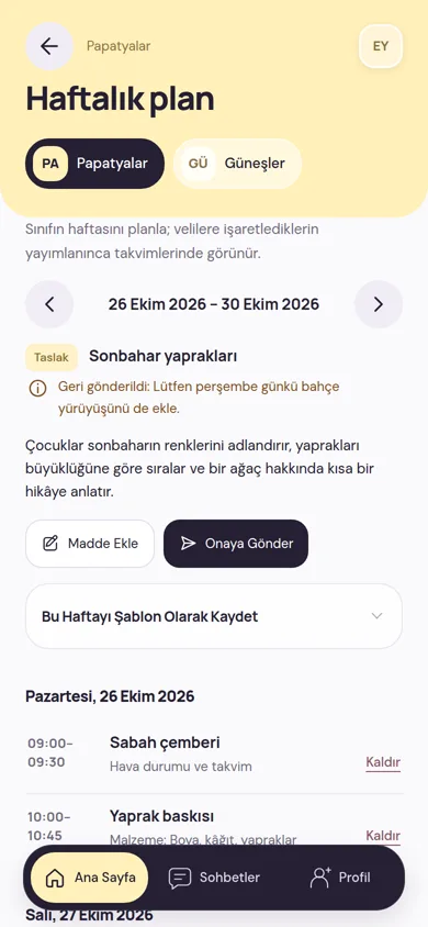 Haftalık plan: haftanın teması, yöneticinin geri bildirimi, Madde Ekle ve Onaya Gönder düğmeleri ile günün etkinlikleri