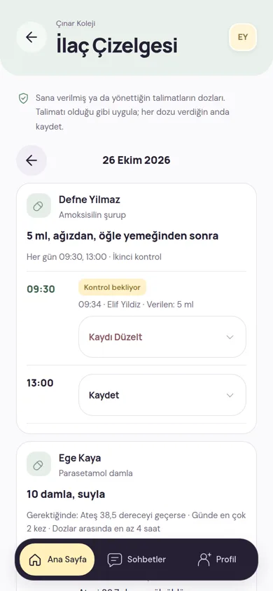 Personelin İlaç Çizelgesi ekranı: günün ilaç dozları velinin talimatıyla, verilen doz kaydı ve kontrol bekleyen işaret