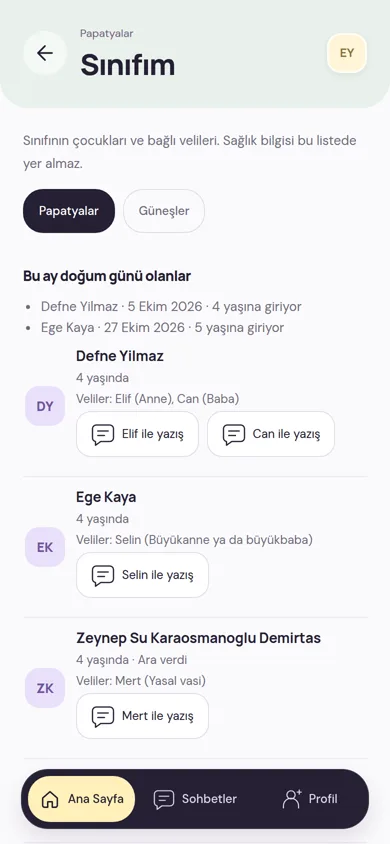 Sınıfım ekranı: sınıftaki çocuklar, bu ay doğum günü olanlar ve her çocuğun velisine yazma düğmeleri